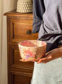 1pc 4.5 Inch Ceramic Bowl, Gorgeous Floral Glazed Design, INS Style Tableware, High Foot Rice/Soup Bowl,School Supplies
