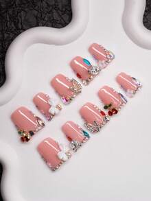 Spring/Summer Hand-Made Duck Billed False Nails, Y2K Baddie Style, Bare Color Nail Plates With Rhinestone, Planet, Flower, Butterfly, Bow, Cherry Accessories, Handcrafted Nail Stickers Suitable For Women & Girls, 10pcs/Pack 3 Sizes, Applicable For Parties, Balls, Daily Wear, Including Tool Kit, Can Be Gifted To Female - Multicolor - View 1