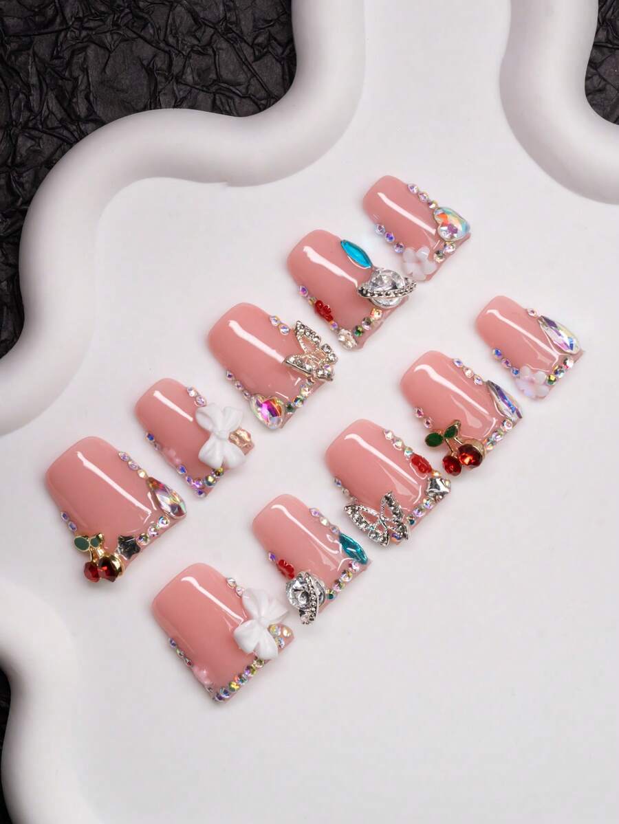 Spring/Summer Hand-Made Duck Billed False Nails, Y2K Baddie Style, Bare Color Nail Plates With Rhinestone, Planet, Flower, Butterfly, Bow, Cherry Accessories, Handcrafted Nail Stickers Suitable For Women & Girls, 10pcs/Pack 3 Sizes, Applicable For Parties, Balls, Daily Wear, Including Tool Kit, Can Be Gifted To Female - Multicolor - View 1