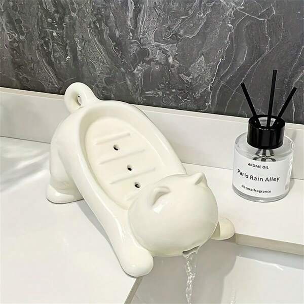 Adorable Savon Plat Chat dessin animé - Égouttoir à Savon en Plastique Décoratif, Surface Brillante Blanche et Rose, Étagère de Rangement Amusante pour Salle de Bain pour Savon et Éponge, Plateau à Savon Décoratif | Élément de Salle de Bain Charmant | Structure en Plastique Lisse, Support pour Savon Retour à l'École