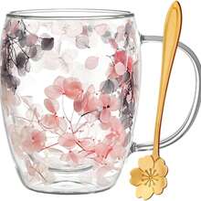 Tazza in vetro doppia parete da 300ml con fiori secchi, tazza da tè in vetro carina con manico, regalo di Natale, compleanno, inaugurazione casa, tazza autunnale creativa, decorazione per la casa