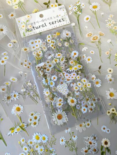 1 Pack Of 6 Pcs Fresh Daisy Flower Plant Stickers For DIY Decoration,School Supplies,Back To School