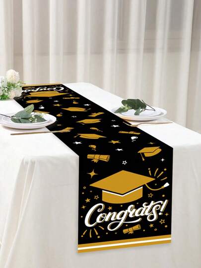 1pc Graduation Party Decoration Table Runner, Gold & Black Dual-Color Polyester Table Cover For Dining Table, 2025 Graduation Party Table Decor, Graduation Party Supplies, Graduation Season Kitchen & Dining Decor, Class Of 2025 Home Decoration, Graduation Family Holiday Gathering Gift, Table Centerpiece Decor, Dining Table Decoration, "Congratulations Graduate" Themed Tablecloth/Runner, Party Decoration Accessories.