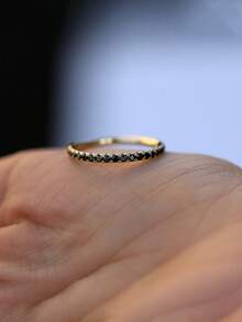 1 件休闲 S925 纯银女士戒指，黑色方晶锆石叠戴戒指，优雅简约设计，适合日常佩戴、派对、情人节、生日礼物 - 金色 - 查看 2