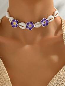 1pc Bohemian Handmade Polymer Clay Flower Woven Adjustable Necklace For Women - Purple - View 1