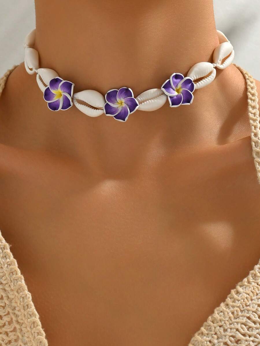 1pc Bohemian Handmade Polymer Clay Flower Woven Adjustable Necklace For Women - Purple - View 1