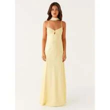 Women Lace Up Backless Maxi Dress Sexy Spaghetti Strap Square Neck Slim Evening Party Satin Dress With Slit - 黃色 - 查看 5