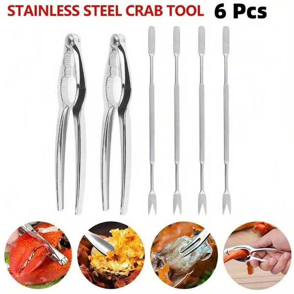 6 Pcs Special Tools For Eating Crabs - Tool Set Suitable For All Kinds Of Seafood Kitchen Set, Lobster Leg Shell, With 4 Pieces Of Stainless Steel Fork And 2 Pieces Of Zinc Alloy Pliers, Can Be Used For Lobster Crab Claws, Shells, Lobster, Lobster Legs, Conch, Walnuts And Other Multi-Functional Feeding Tools That Pry Open Hard Shells