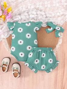 2pcs/Set Baby Girl Cute Print Jumpsuit & Shorts Set, Summer - Green - View 2