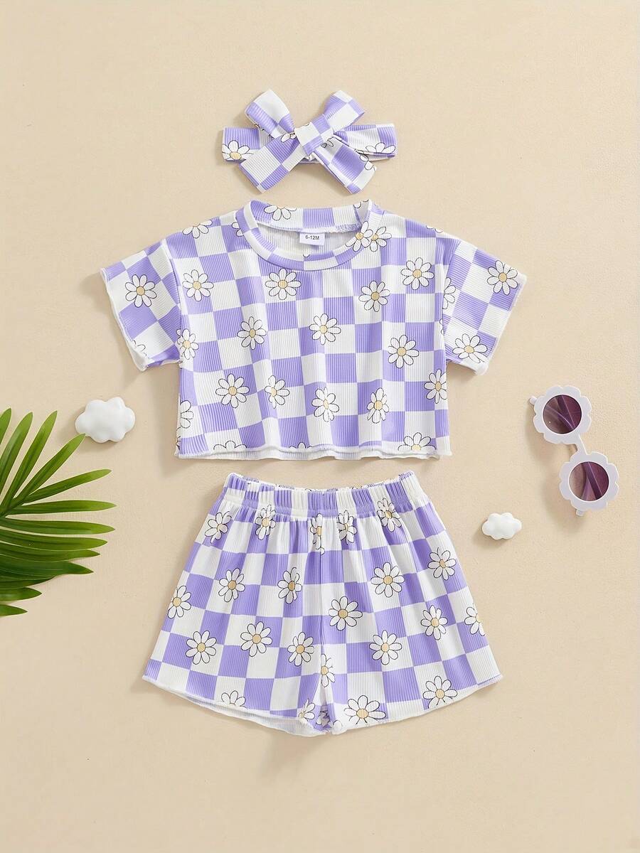 Toddler Girl Clothes 6M 12M 18M 24M 3T 4T Baby Girls Outfits Summer Floral Checkerboard Print Shirt+Shorts+Headband 3pcs Baby Clothing - 紫色 - 查看 1