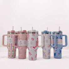 1pc 40oz Stainless Steel Double Wall Vacuum Insulated Tumbler, Multi-Color Designs With Handle, High Quality And Portable For Camping & Travel - 40oz Flowers - View 1