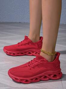 1 Pair Women's Red Fabric Braided Sole Cushioned Low-Top Front Tie Fashionable Sneakers, Versatile Thick Sole Breathable Soft Outdoor/Exercise/Running Shoes For Ladies - Red - View 4