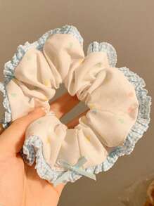 1pc Blue Bowknot Lace Trim Hair Scrunchie, Korean Style Large Messy Bun Hair Tie, Polyester Scrunchies Scrunchy Hair Ties