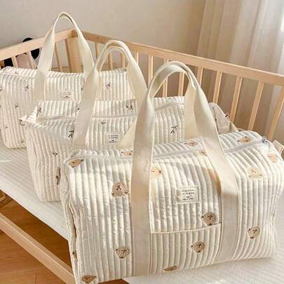 1pc Beige Large Capacity Embroidered Maternity Hospital Bag, Shoulder Diaper Bag