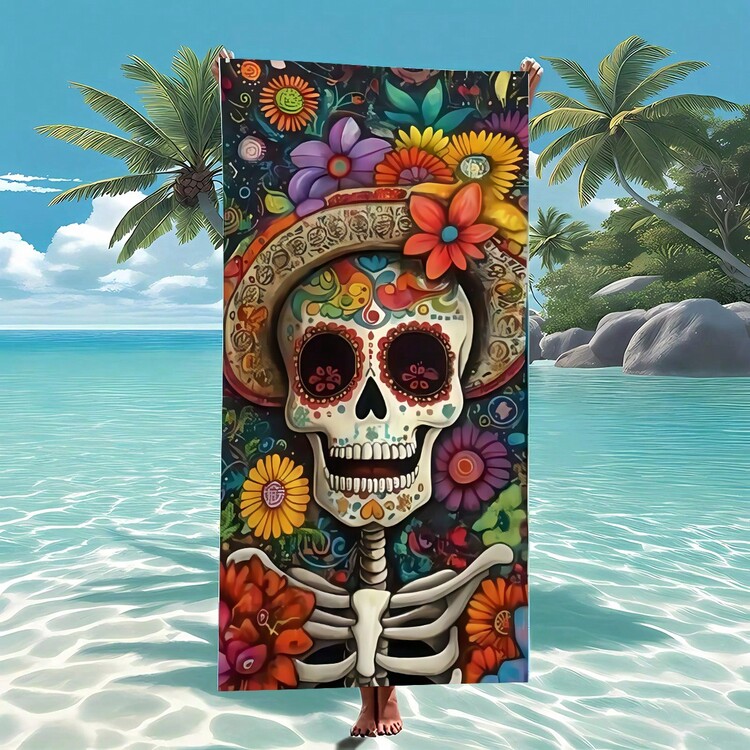 1枚 超極柔軟 速乾 ビーチタオル、死者の日のスカルデザイン、高吸水性