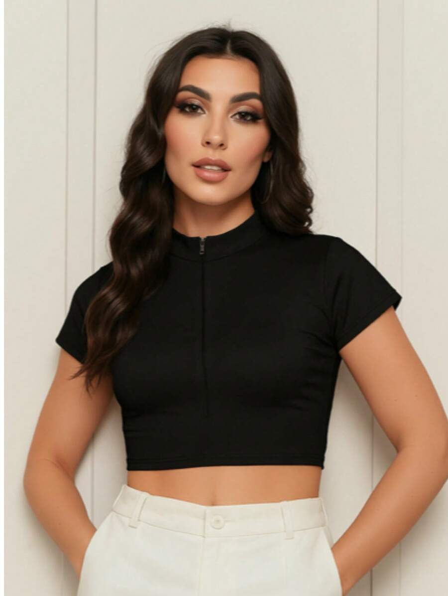 SUPLEX SHORT SLEEVE ZIPPER CROPPED TOP Simple Casual Cute Zipper - 黑色 - 查看 1