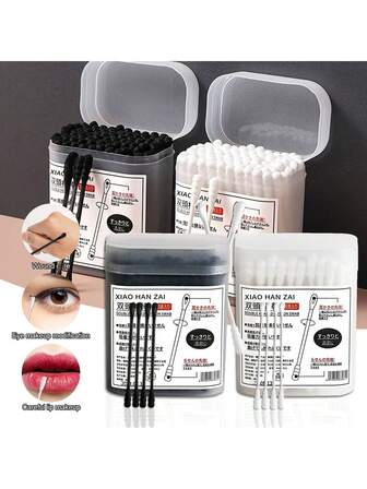 100/300/600 piezas Herramienta de limpieza cosmética desechable de doble cabezal, diseño de doble cabezal (cabezal en espiral + cabezal de cuchara para oídos en uno), almacenamiento en caja independiente, amigable con la piel y suave, no se rompe fácilmente, no es dañino para la piel, no suelta pelusa fácilmente, fuerte absorción de agua, se puede usar para decoración de maquillaje de ojos, maquillaje delicado de labios, limpieza del canal auditivo, limpieza de heridas