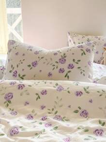 4pcs Romantic Purple Rose Duvet Cover Set (1 Duvet Cover + 1 Bed Sheet + 2 Pillowcases), Green Leaf & Floral Pattern, Cozy Home Decor For All Seasons, Cover & Cases Only