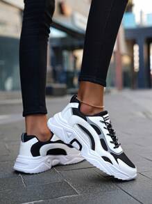 Patchwork Contrast Color Tongue Letter Thick Sole Casual Sporty Mesh Breathable Sneakers For Teenagers, Unisex