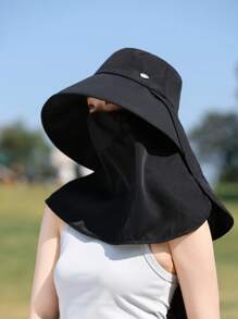 1pc Solid Color Large Brim Hat With Detachable Face Mask, Shoulder Cape For Sun Protection Polyester, Spring Season