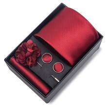 AlanKing 1套礼盒男士提花红色花卉领带口袋巾袖扣别针套装西装配饰适合正式派对婚礼领带男士领带