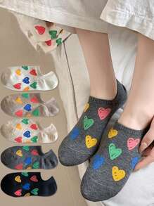 5 paires de chaussettes fines d'été pour femmes avec graffitis colorés, amour, chaussettes décontractées en silicone sans peluche. Chaussettes invisibles personnalisées