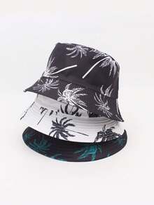 1 件男女通用印花椰子树双面渔夫帽，波西米亚风刺绣夏季沙滩渔夫帽，春夏 - 彩色 - 查看 1