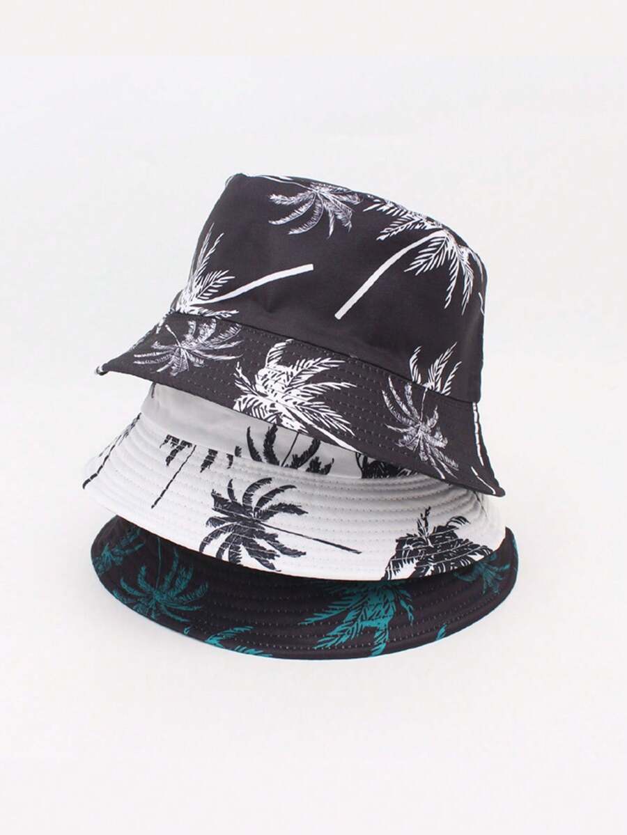 1 件男女通用印花椰子树双面渔夫帽，波西米亚风刺绣夏季沙滩渔夫帽，春夏 - 彩色 - 查看 1