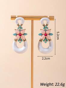 1set Jewelry Kit Including 1 Pair Earrings, 1 Ring, 1 Necklace, Featuring Floral Design In Pastel Colors Of Pink, Blue-Green, And White, With Gold-Tone Metal Chain And Components, Vintage And Fashionable Style, Suitable As Stylish Accessories To Complement Party And Date Outfits - Multicolor - View 6