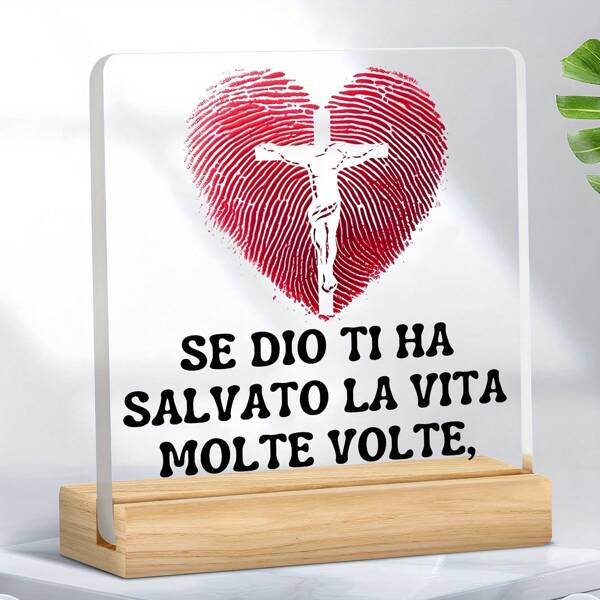 1pc, Religious Themed Decoration Acrylic Wooden Holder, Crucifixion Statue Of Jesus, Red Heart-Shaped Fingerprint+Italian Scripture Encourages Faith Sharing, Declares Amen, Spreads Faith, Gifts