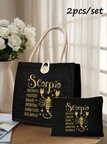 Geantă tote cu model de constelație aurie și geantă mică cu model de constelație, geantă tote neagră din in