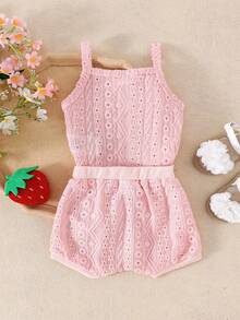 2pcs Baby Girls Cute Breathable Hollow Out Sling Bodysuit + Shorts Set, Lightweight Summer