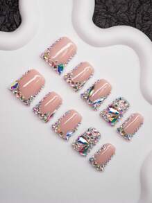 Spring/Summer Handmade Duck-Mouth-Shaped French Manicure Stiletto Nails With Crystal Decor, Y2K Style, Nude Color, 10pcs/Set, 3 Size Options, Suitable For Parties, Ceremonies, Daily Wear, Comes With Tools, Great Gift For Women & Girls