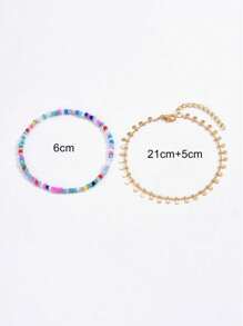 Set de 2 tobillleras ligeras de lujo con bloques de color, cuentas y lentejuelas redondas multicolor para niñas, de moda y versátil para vacaciones de verano en la playa