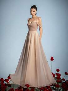 Faeriesty Elegant Cold Shoulder Bridesmaid Gown With Adjustable Rope-Tie Back & Flowing Wide Skirt | Luxury Formal Wear For Weddings, Galas, And Cannes Parties