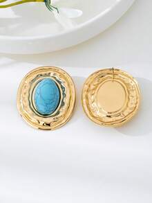 1 对几何纹理椭圆形镶嵌椭圆形珍珠吊坠复古优雅耳环女士 - 藍色 - 查看 6