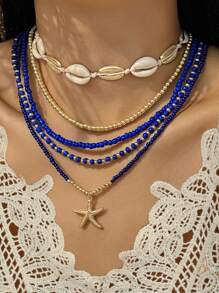 5pcs/Set Bohemian Style Random Color Glass Beaded Starfish Pendant Layered Necklace Set, Suitable For Beach, Vacation, Party