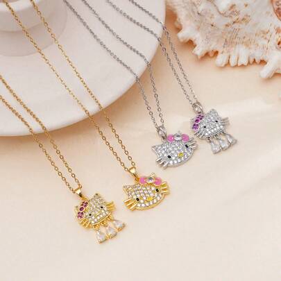 Sanrio 1pc KT Cat Pendant Necklace, Micro-Inlaid Zirconia Stainless Steel Cute Cartoon Kitty Pendant Necklace, Versatile Clavicle Chain Jewelry For Summer Fashion
