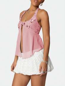 Women Sequin Beaded Mesh Patchwork Halter Top Y2K Sparkly Sleeveless Deep Low Cut Split Sheer Cami Tank Tops Glitter Rhinestone Backless Camisole Crop Tops Summer Slim Fit Vests Shirts Going Out Tops Club Party Beach Streetwear - 粉色 - 查看 5