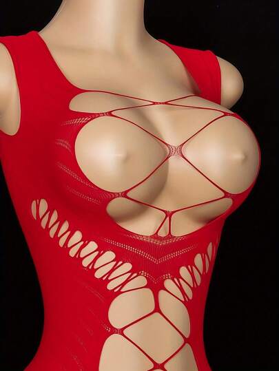 One Piece Sexy Lingerie, Women's Red Sexy Bodysuit, Hollow Out Fishnet Lingerie, High Stretch, Mature Style Solid Color Knit Fabric, Suitable For Swimwear And Beachwear,Lingerie For Women,Sexy Lingerie For Women Naughty Outfits,Hand Washable,Lingerie For Women