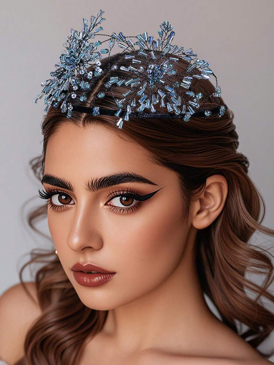 1 Stück Kopfband mit durchsichtigem blauem Kristall, exquisites Design in Schneeflockenform, Krone Haarschmuck, Hochzeit, Abschluss, Geburtstag, Party, Sommer Urlaub, tägliche Dekoration