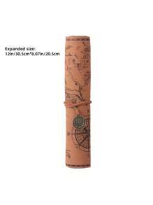 A Unique Map, Nostalgic Retro Pencil Case, Large Capacity Pencil Case, Portable Printed Buckle Pencil Case, PU Leather, Suitable For Cosmetics, Brushes And School Supplies, Cute Simple Creative Map Leather Pencil Case