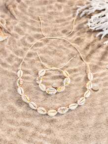 Conjunto de 2 peças de pulseira e colar de argila macia com conchas e flores, estilo boêmio, com estampa de rosa, margarida, estrela, leopardo e arco-íris, joias de praia estilo oceano