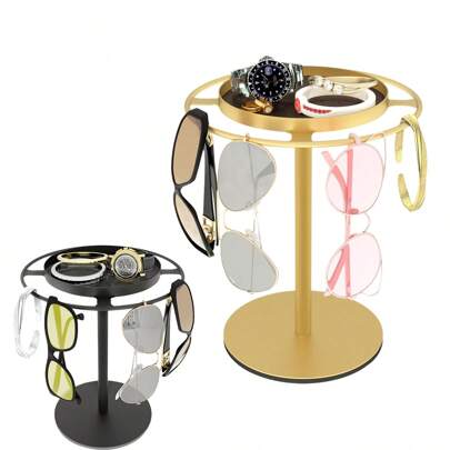 1pc Metal Sunglasses Organizer,Glasses Holder Stand With Storgae Tray,Sunglass Organizer Storage,Stainless Steel Glasses Holder Stand,Eyeglasses Holder With Anti-Slip Pads For Tabletop, Desk, Dresser Desk Storage