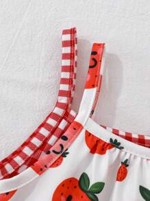 2pcs Girls Casual Checkered & Strawberry Print Off Shoulder Strap Dress, Fashion Style For Party, Holiday, Casual Outing, Summer