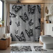 1/4 Stück Grau & Schwarz Schmetterling Design Duschvorhang Set, wasserdichter Duschvorhang, Badezimmermatte, U-förmiger Toilettendeckel, dekorativ, modische Raumteiler, ohne Bohren, maschinenwaschbar Polyester Badezimmer Dekoration Herbst Dekoration Badezimmer Accessoires Schulanfang
