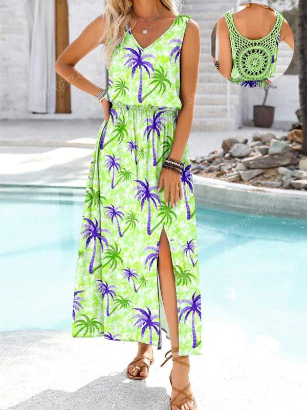 Robe de vacances bohème à fleurs avec fente haute pour femme, tenue de vacances d'été décontractée
