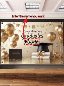 1 Stück bedruckbares Namens-Abschlussballon Hintergrundtuch 2025 - Schwarz und Gold Abschlusskappe, Polyester Gratulations Banner, Abschluss- und Feier Dekorationen, Raumdekorationen - Polyester, geeignet für Partys mit Fotoständen, Wanddekorationen, Zaunwände, Wohnzimmer, Schlafzimmer, Garagentore, Heimdekoration Geschenke, ohne Strom wiederverwend-bar, drei Größen wählbar