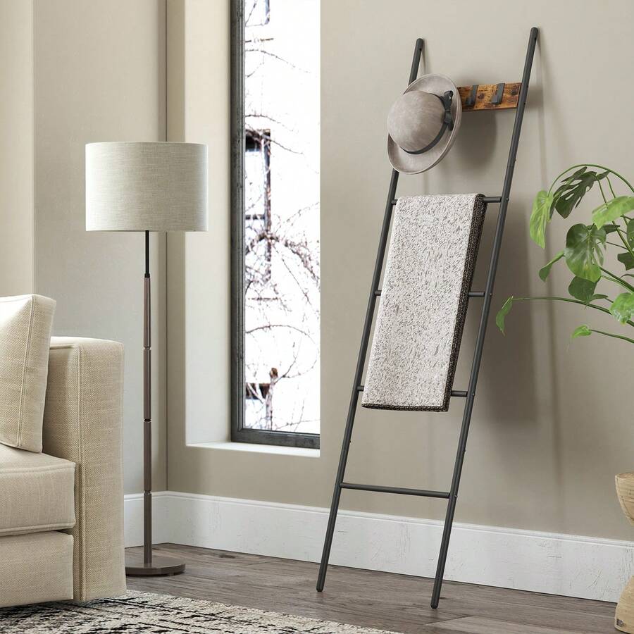 Blanket Ladder, 5-Tier Ladder Shelf, Decorative Ladder With 4 Removable Hooks, Metal Frame, Industrial Style, Rustic Brown And Black - Brown - View 1