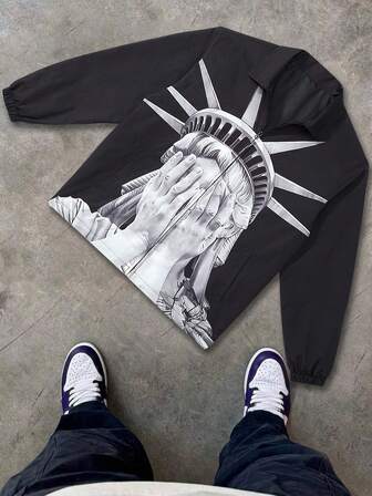 Plus Size Men Long Sleeve Full Body Portrait Print Casual Jacket, Lightweight Spring Autumn Turndown Collar Zipper Casual Outerwear